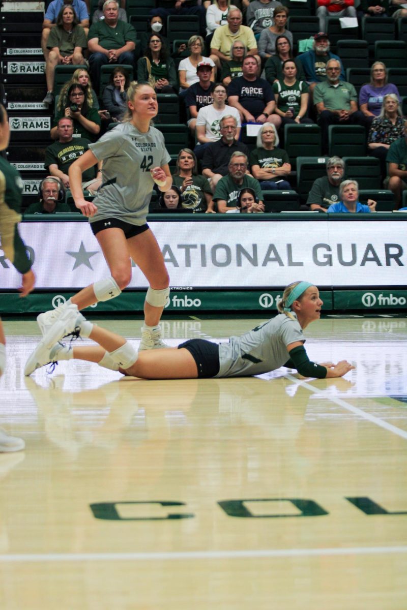 Colorado State University defensive specialist Ruby Kayser (49) follows the ball after diving for it Sept. 28.