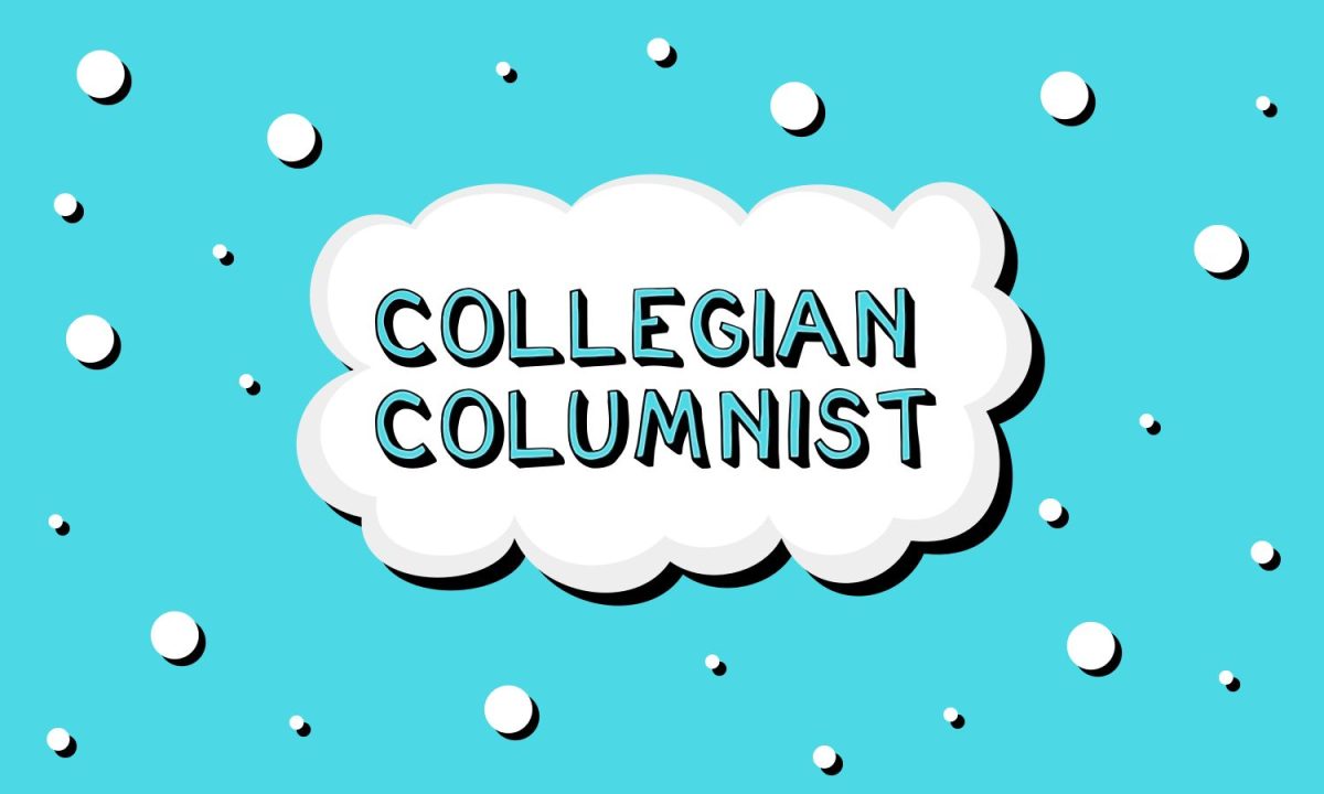 Cartoon drawing of a blue background with a white cloud in the center that says "Collegian Columnist"