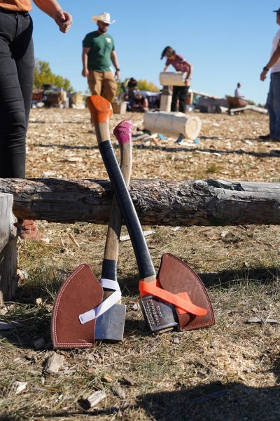 Two axes rest against the logs, to be used in the horizontal chop event Oct 7.