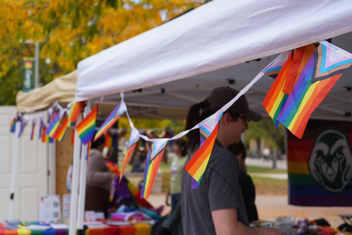 A strand of mini pride flags hangs from the edge of a pop-up canopy.