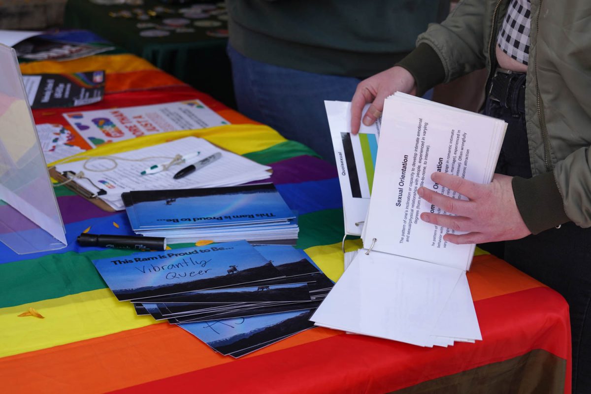 A Colorado State University student looks through a booklet containing different identity flags and information about them Oct 11.