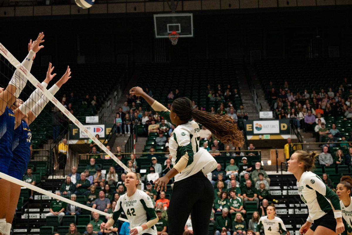 Colorado State University senior Kennedy Stanford (17) spikes the ball over the net.