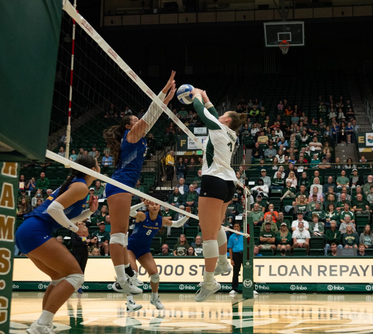 Colorado State University setter Emery Herman (4) blocks a San Jose State setter.