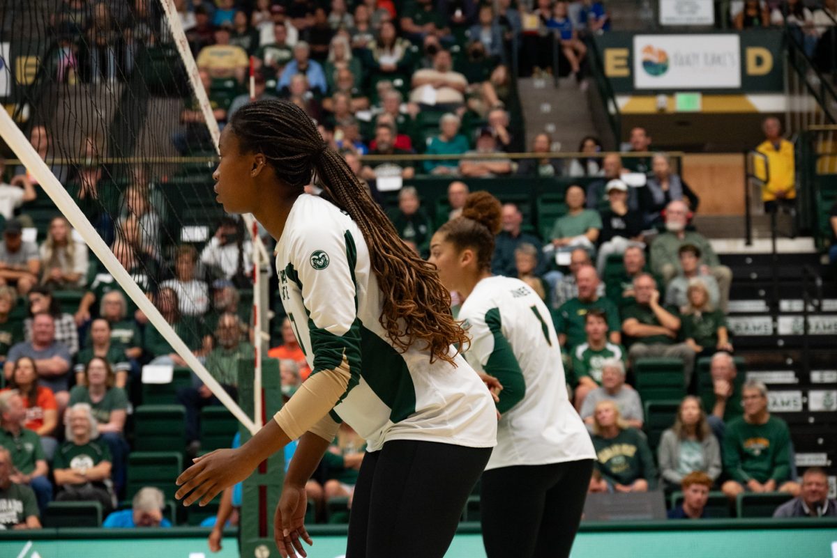 Colorado State University outside hitter Kennedy Stanford (17) waits for San Jose State to serve.