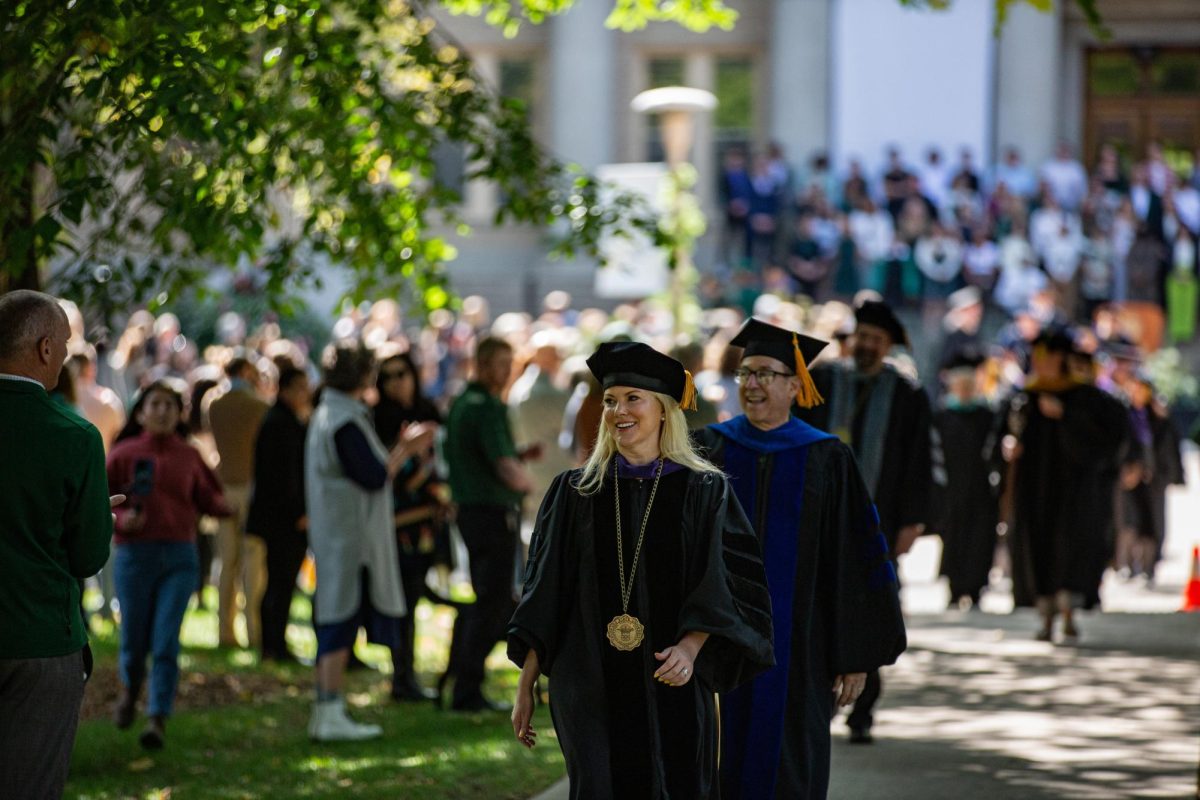 Colorado State University's newly invested President Amy Parsons walks towards the Oval after her Fall Address Oct. 4. President Parsons will be the 16th president in the history of CSU.