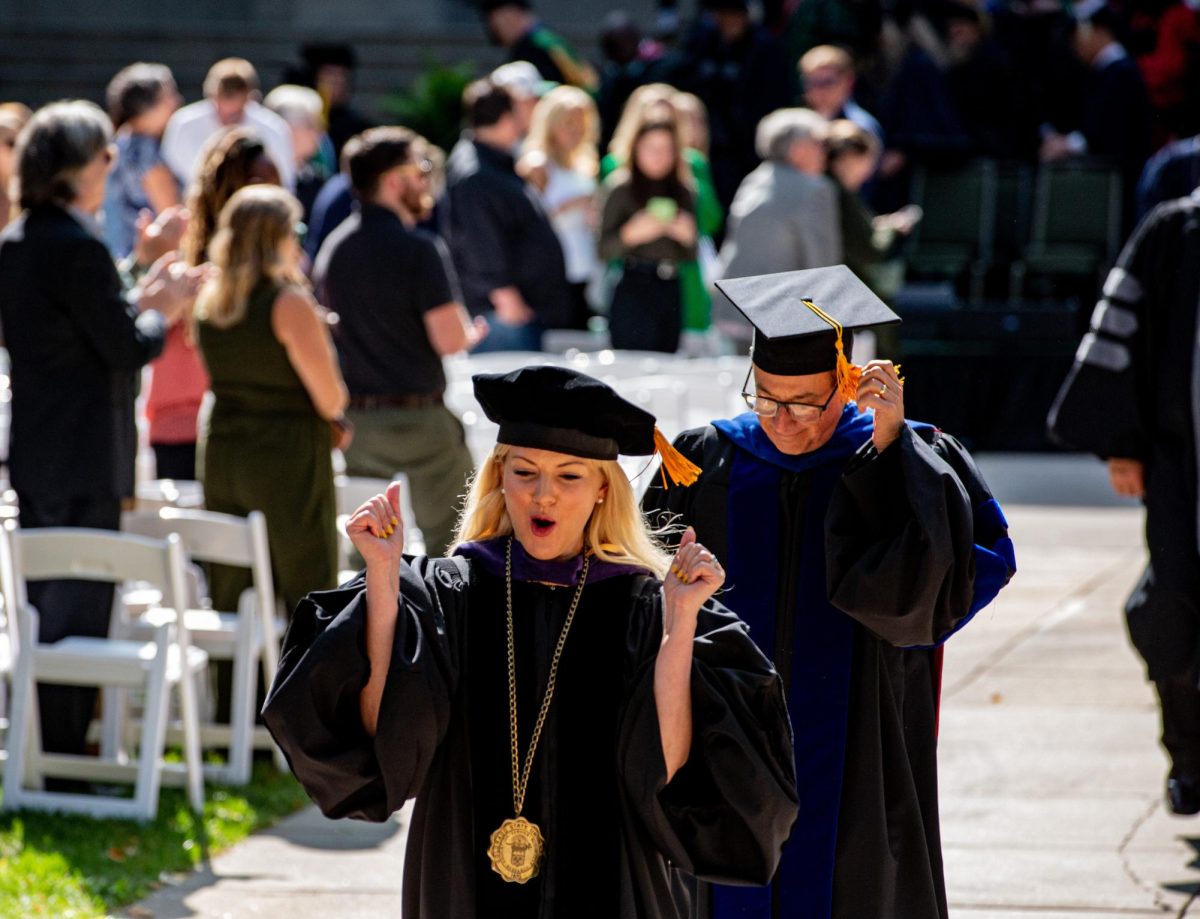 Newly invested President Amy Parsons celebrates her investiture following her Fall Address Oct. 4. President Parsons will serve as the 16th president of Colorado State University.