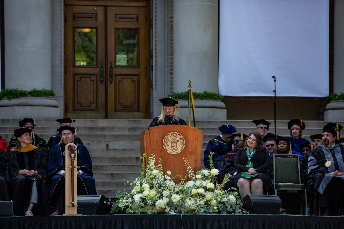 President Amy Parsons gets emotional as she speaks about her parents during the Colorado State University Fall Address Oct. 4. President Parsons gave a heartwarming speech during her investiture.