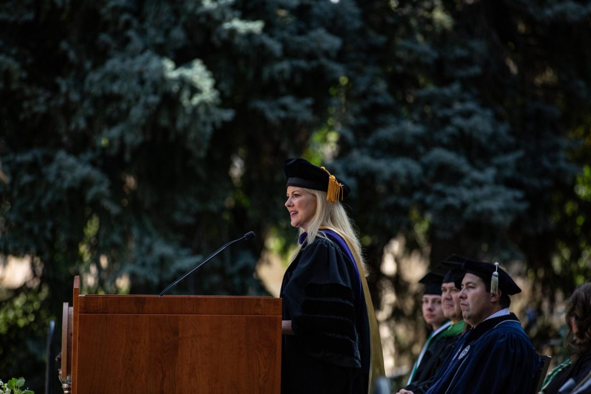 Newly invested President Amy Parsons delivers a captivating speech at Colorado State University's Fall Address Oct. 4. President Parsons will serve as the 16th President of CSU.