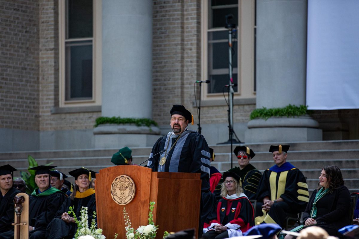 Colorado State University System Chancellor Tony Frank speaks during President Amy Parsons investiture Oct. 4. "The installation of the new president captures the tradition of the university," said Frank, "I love seeing Amy take on the role of president and I am very excited for her."