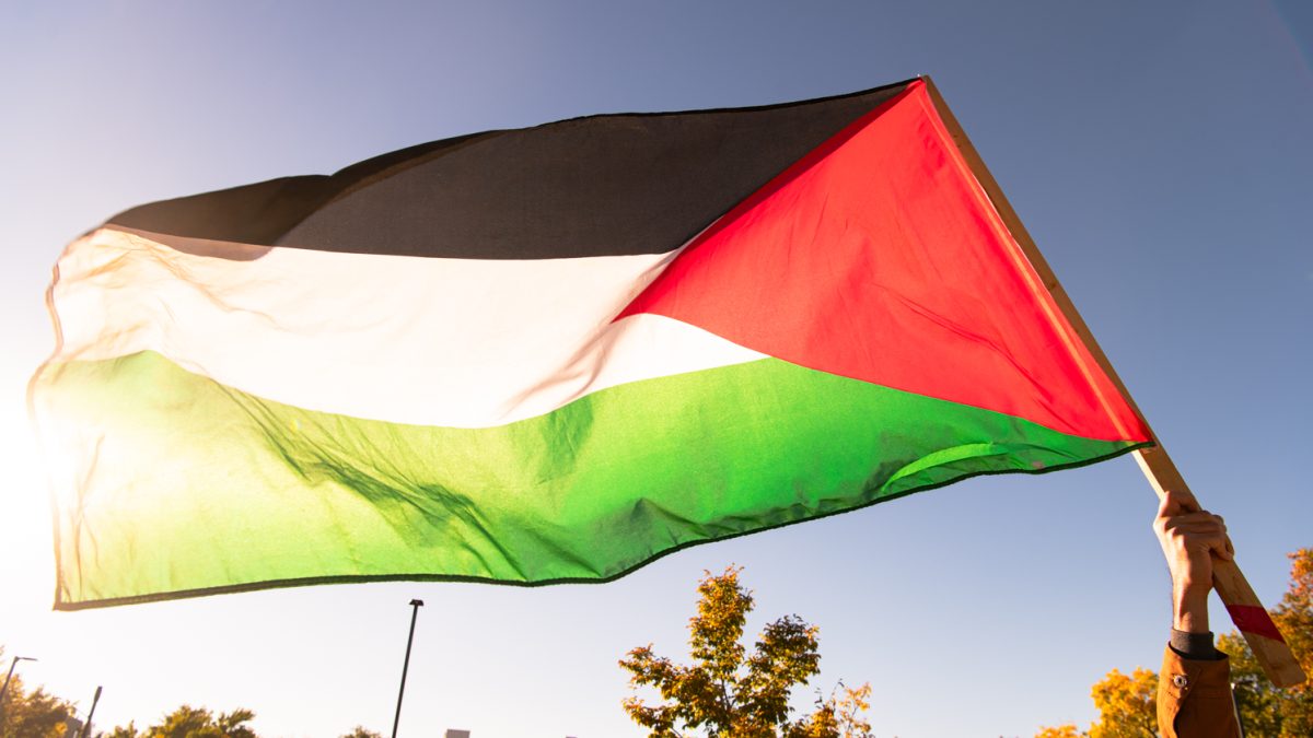 A Palestinian flag flies during a ‘Freedom for Palestine Protest’ along College Avenue in Fort Collins Colorado Oct. 13