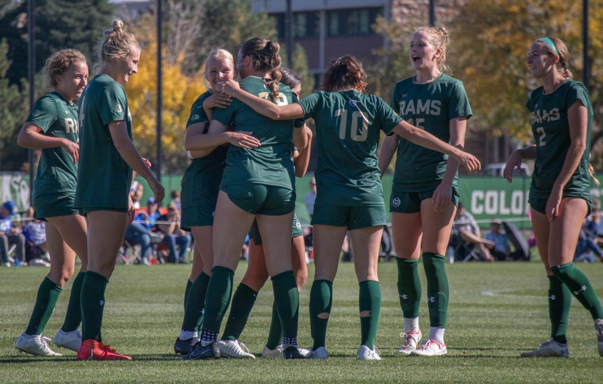Colorado+State+University+players+celebrate+Olivia+Fout+s+%2818%29+goal+from+outside+of+the+18-yard+box+against+the+United+States+Air+Force+Academy+Oct.+15.