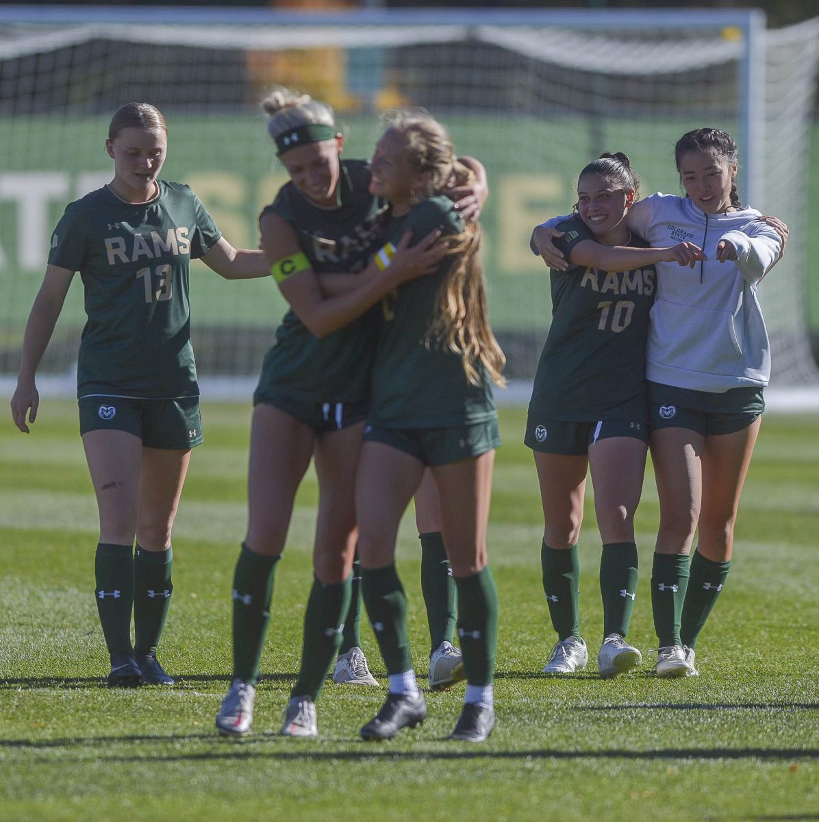 Colorado State University Womens Soccer players celebrate their win of 1-0 against Air Force Academy on October 15. 