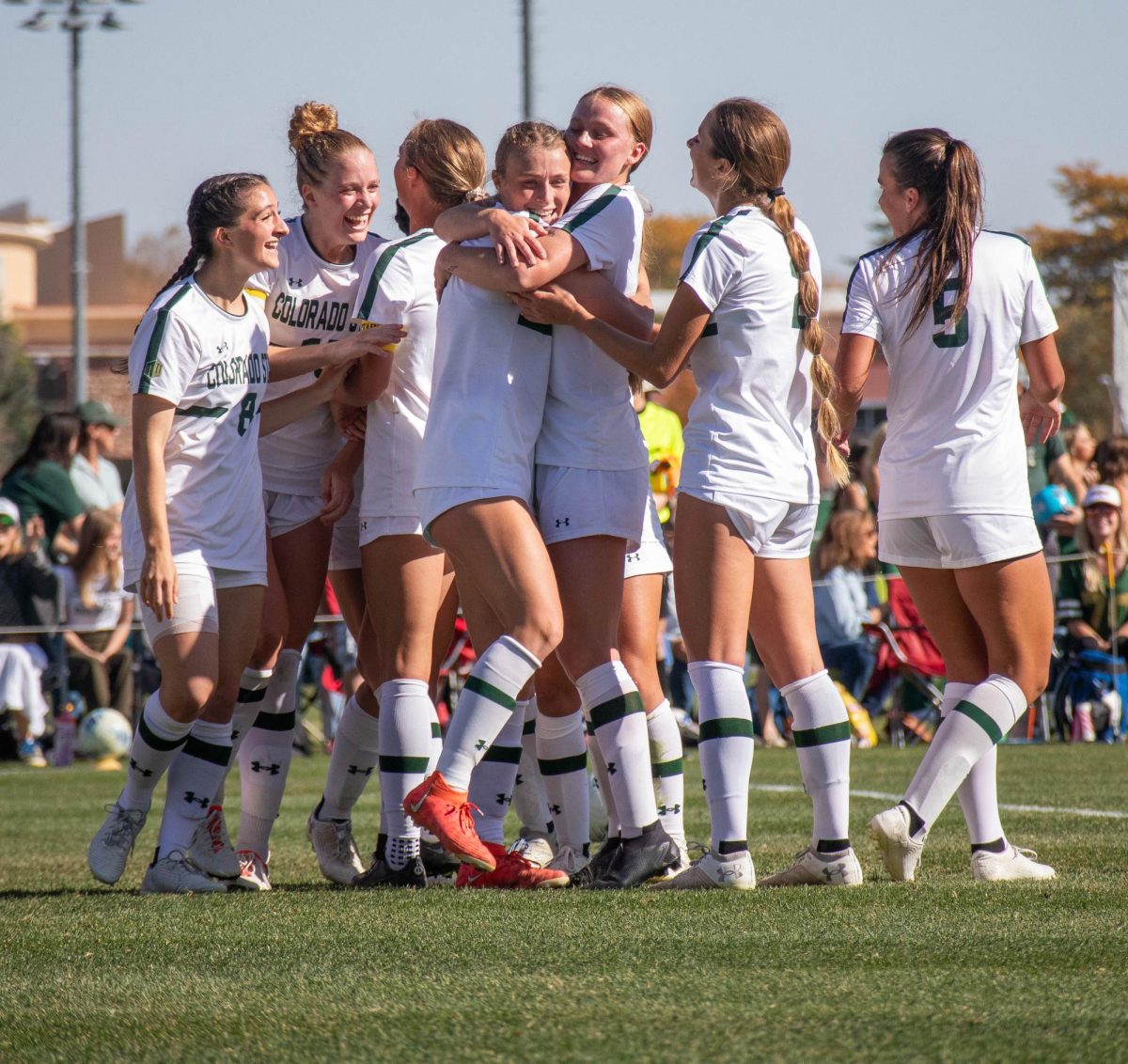 Colorado State University Womens soccer players celebrate Liv Stutzmans (4) goal against San Diego State on October 22 with a final score of 2-3. 