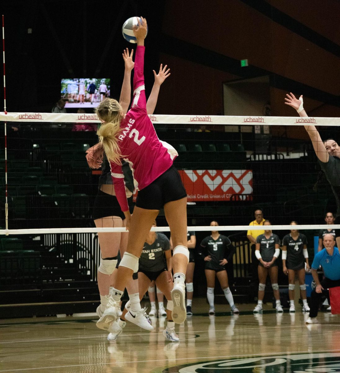 Annie Sullivan (2) jumps up tp spike the ball against opponet Utah State on October 26 during Colorado State Universitys pink out game. 
