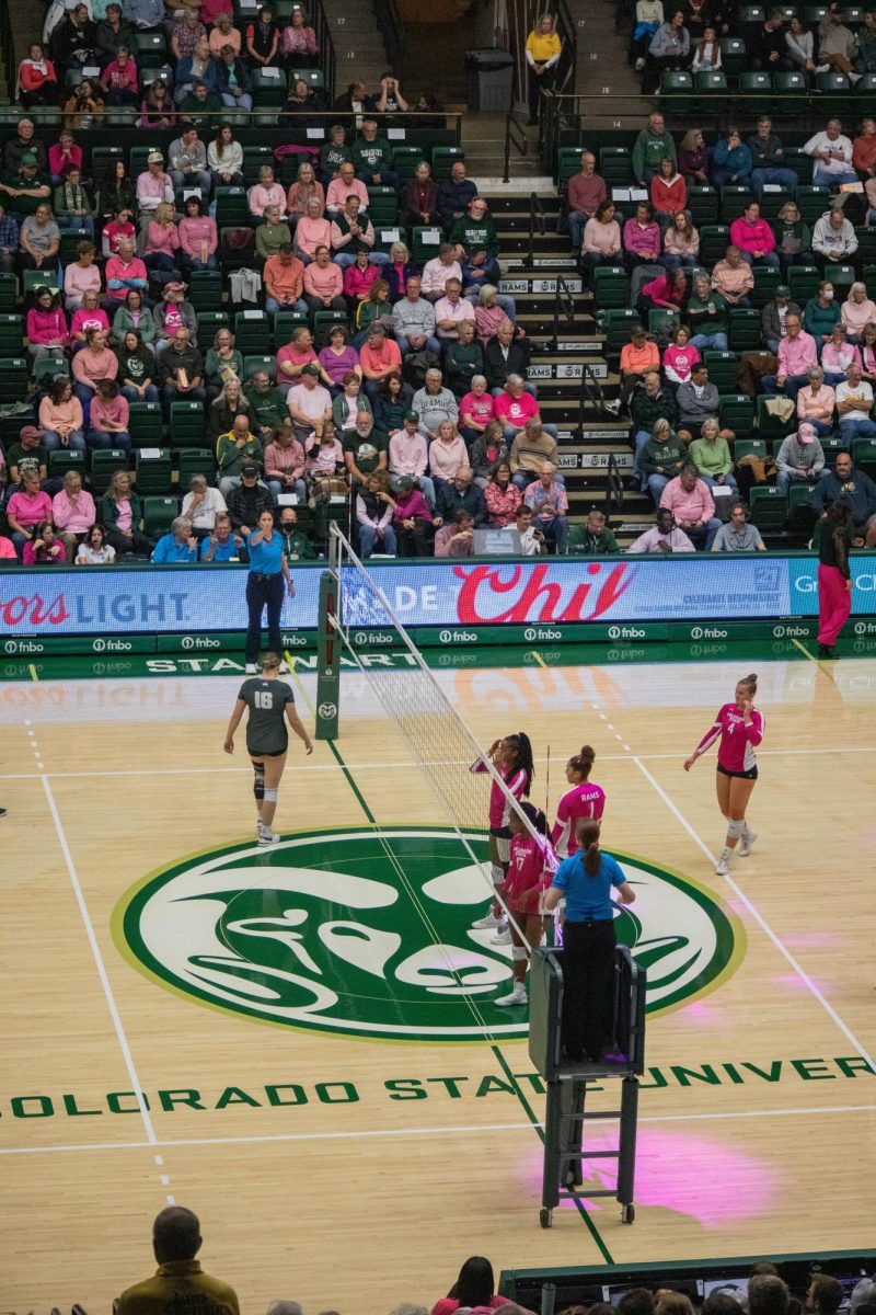Colorado State Univeristy Volleyball players get ready to start match three against Utah State on October 26. CSU showed their support for the cure for cancer during their pink out game. 