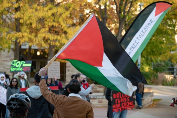 [name not provided] A protestor holds up a Palestinian flag during a "Freedom for Palestine Protest" on College Avenue in Fort Collins.