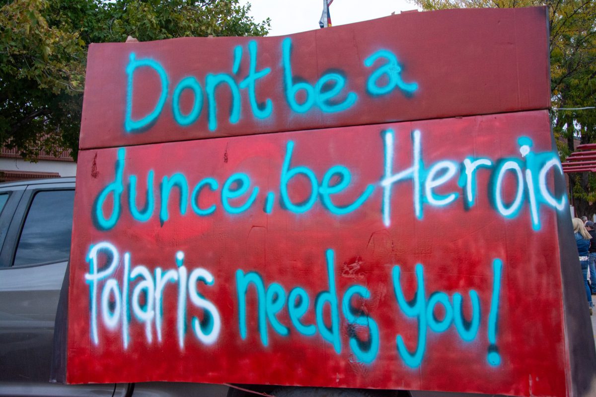 A decorated truck outside of a protest for Polaris Expeditionary Learning School. Families and students protested the school boards proposed vote to merge Polaris and two other schools. 