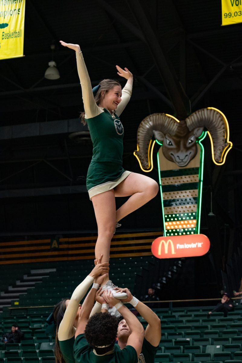 Colorado State University cheerleaders hype up the crowd during a time out called by Boise State.