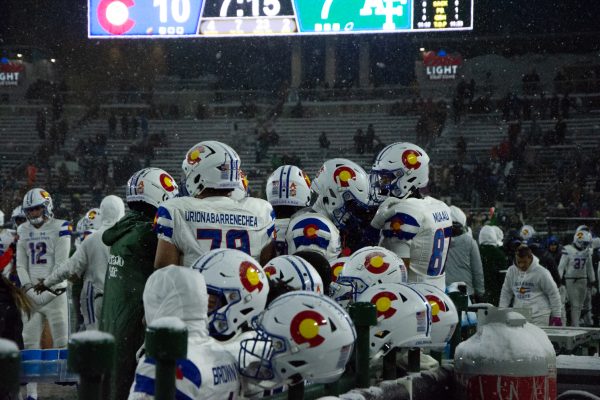 Colorado State University football players gather on the sidelines during the game against the United States Air Force Academy Oct. 28. Air Force won 30-13.