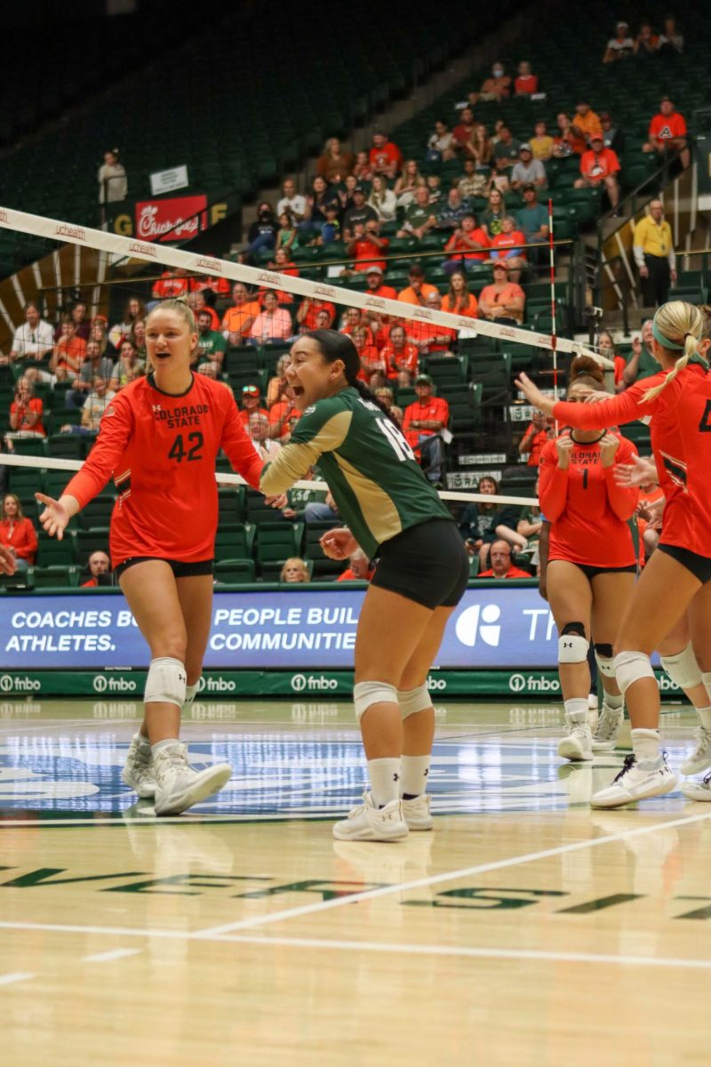 Colorado State University women's volleyball team members celebrate after scoring a point against the University of Nevada, Las Vegas. CSU won, 3-0. Sept. 30.