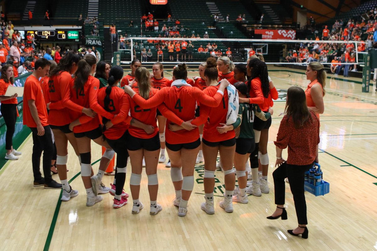 The Colorado State University women's volleyball team discuss the game in between sets against the University of Nevada, Las Vegas. CSU won, 3-0. Sept. 30.