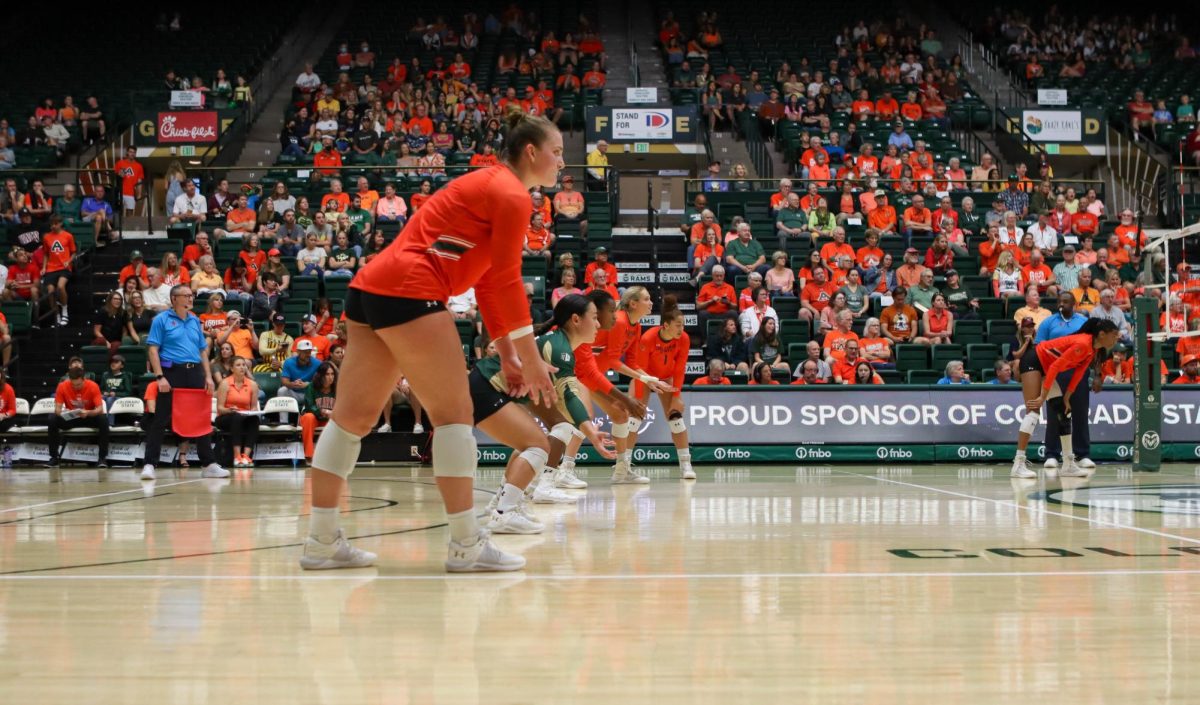 The Colorado State University women's volleyball team is focused and ready for the University of Nevada, Las Vegas to serve the ball. CSU won, 3-0. Sept. 30.