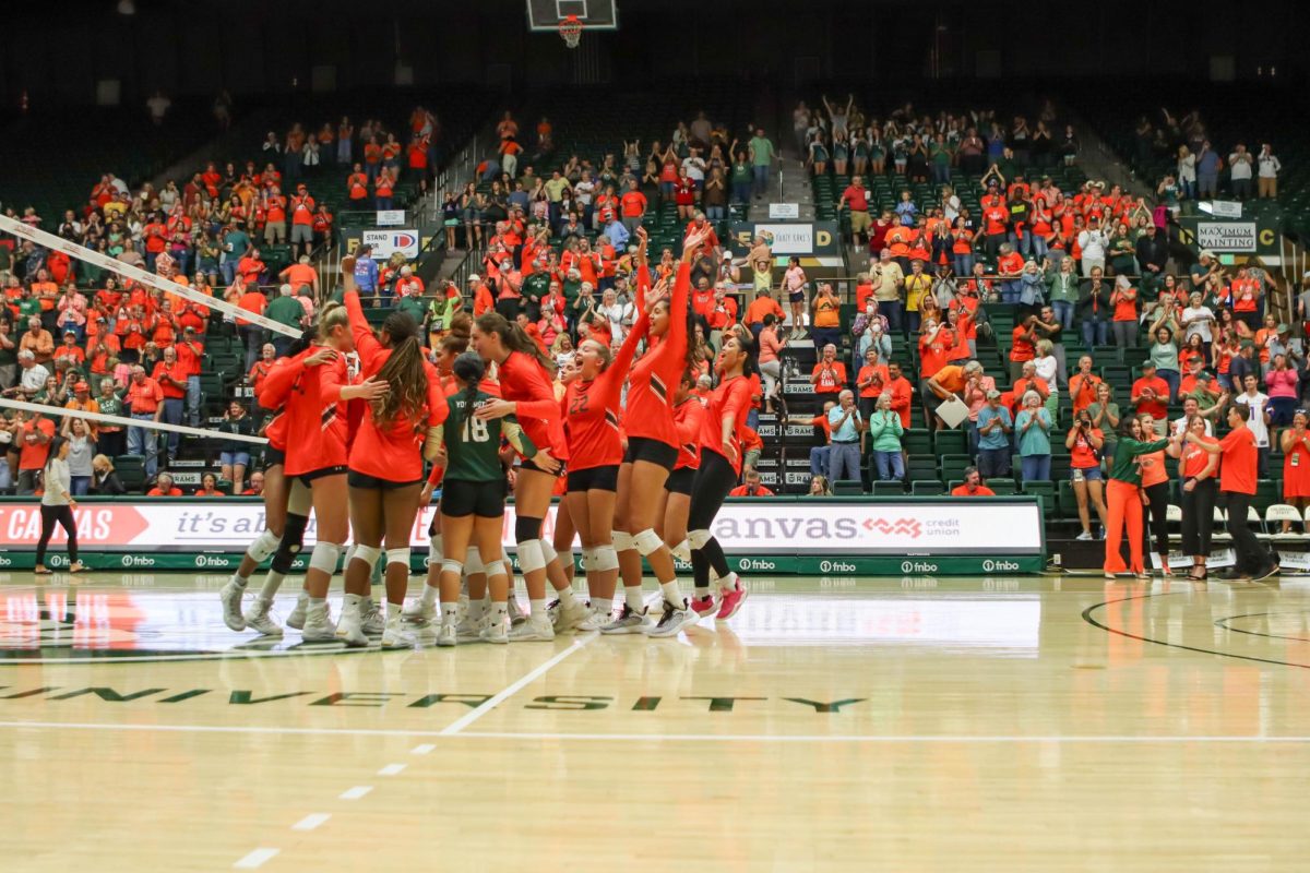 The Colorado State University Women's Volleyball team celebrates their win against the University of Nevada, Las Vegas. CSU won 3-0. Sept. 30.