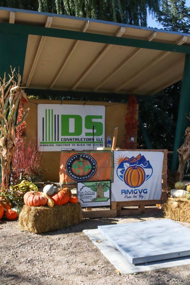 The scale and emcee booth are ready for weighing to begin at the Fort Collins Nursery's Giant Pumpkin Weight-Off on Oct. 14, 2023.