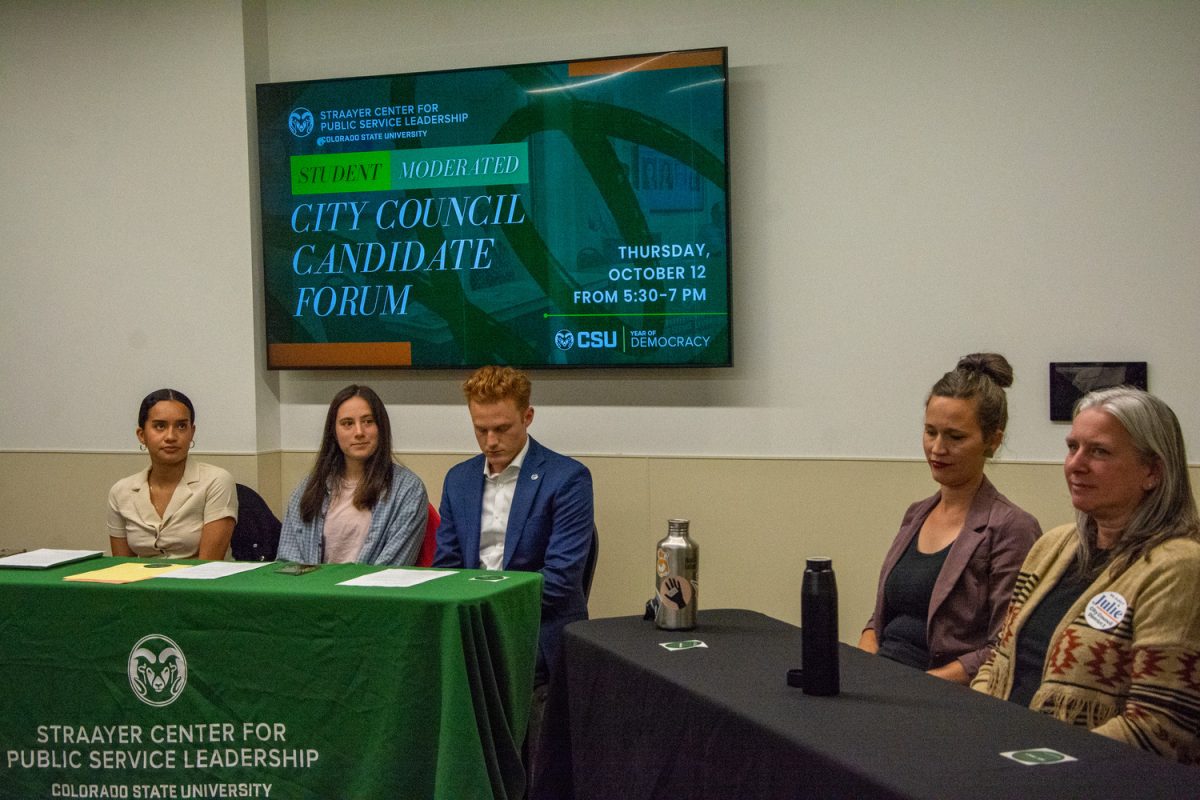 Members of the Straayer Center for Public Service Leadership moderate a debate between candidates for Fort Collins City Council in the Lory Student Center Oct. 12. Candidates answered questions regarding policies such as U+2 and voter engagement. 