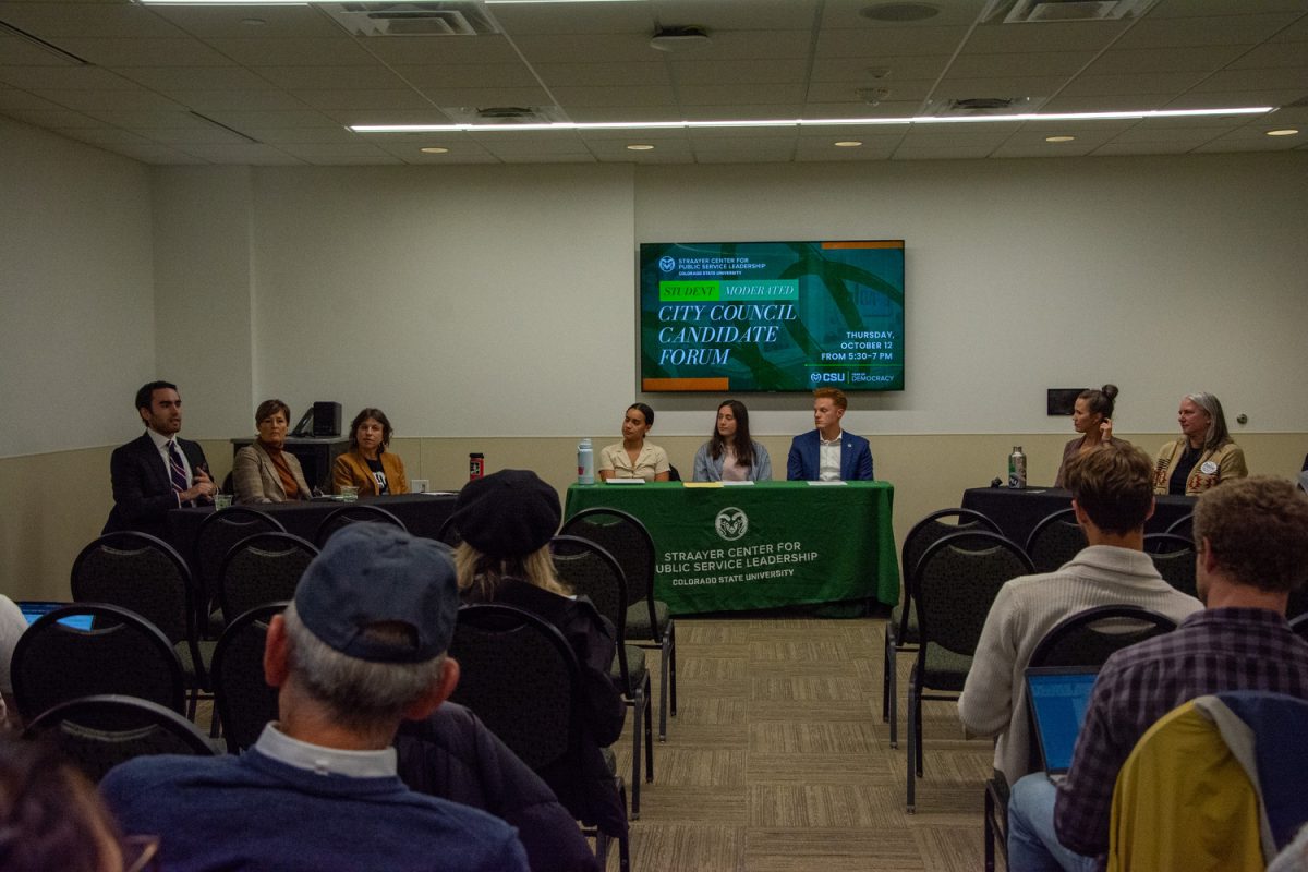 Members of the Straayer Center for Public Service Leadership moderate a debate between candidates for Fort Collins City Council on Oct. 12 in the Lory Student Center. Candidates answered questions regarding policies such as U+2 and voter engagement. 