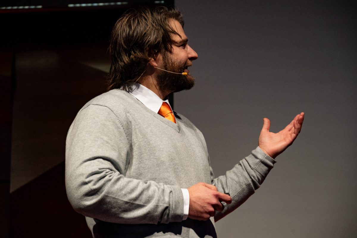 Colorado State University Graduate Student in health and exercise science Chris Patrick explains how the sensorimotor neuroimaging lab uses a treadmill with two separate belts to study and stabilize walking patterns at the TedxCSU event.