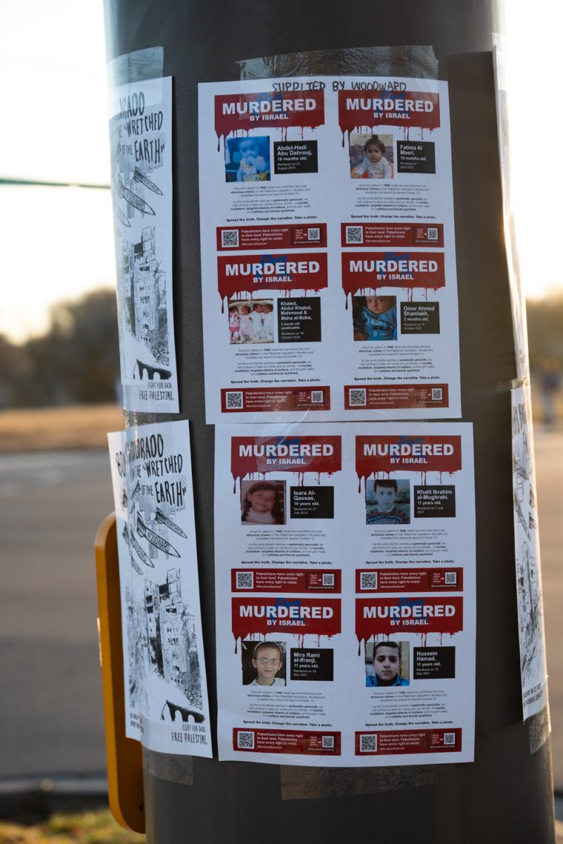 Posters cover a pole across the street from the "Die-In at Woodward" protest.