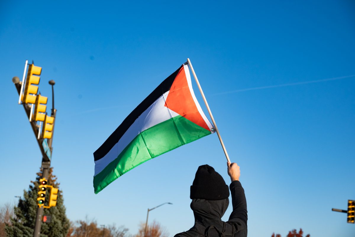 A protestor holds a Palestinian flag up to the cars passing by at the "Die-In at Woodward" protest.
