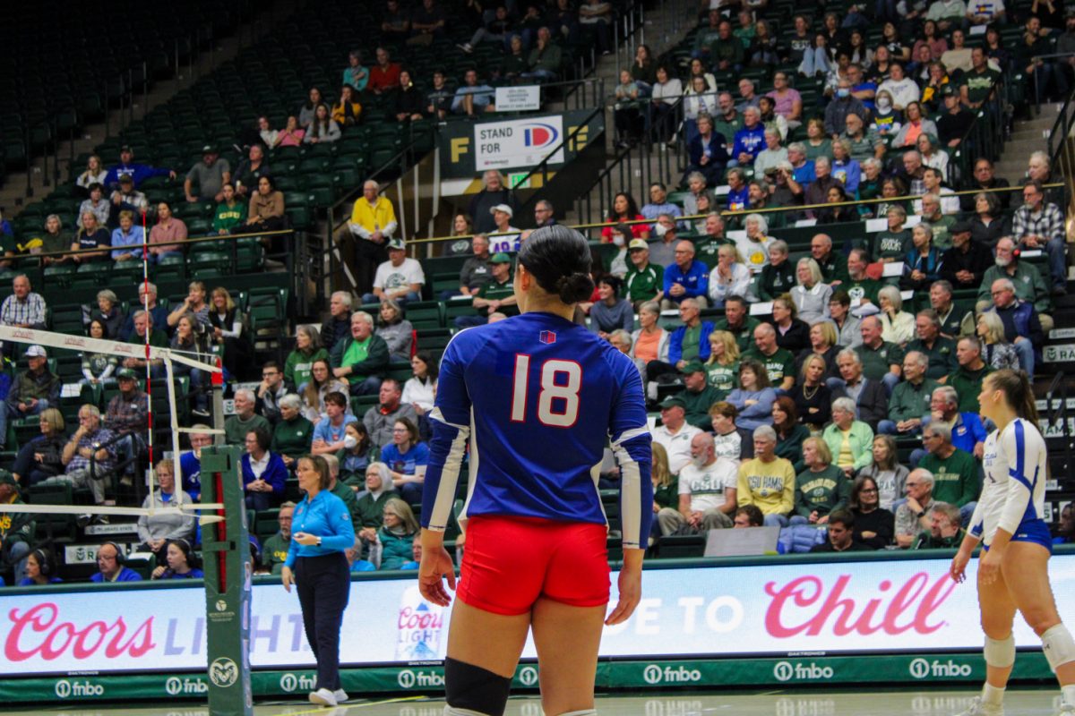 Colorado State defensive specialist Kate Yoshimoto (18) takes a breath while waiting for the next play Nov. 16.
