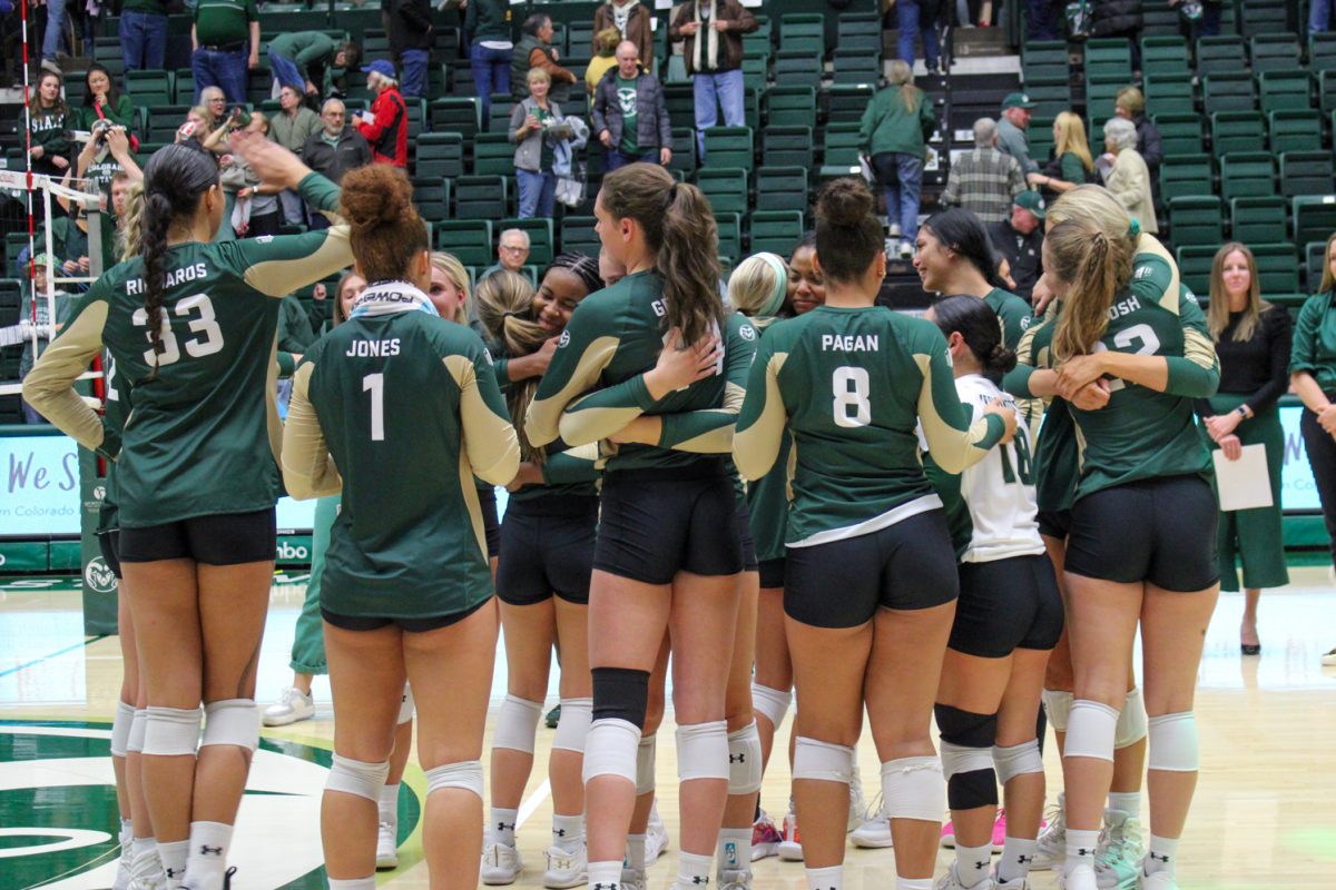 The Colorado State volleyball team gets emotional after their final home game of the 23-24 season Nov. 18.