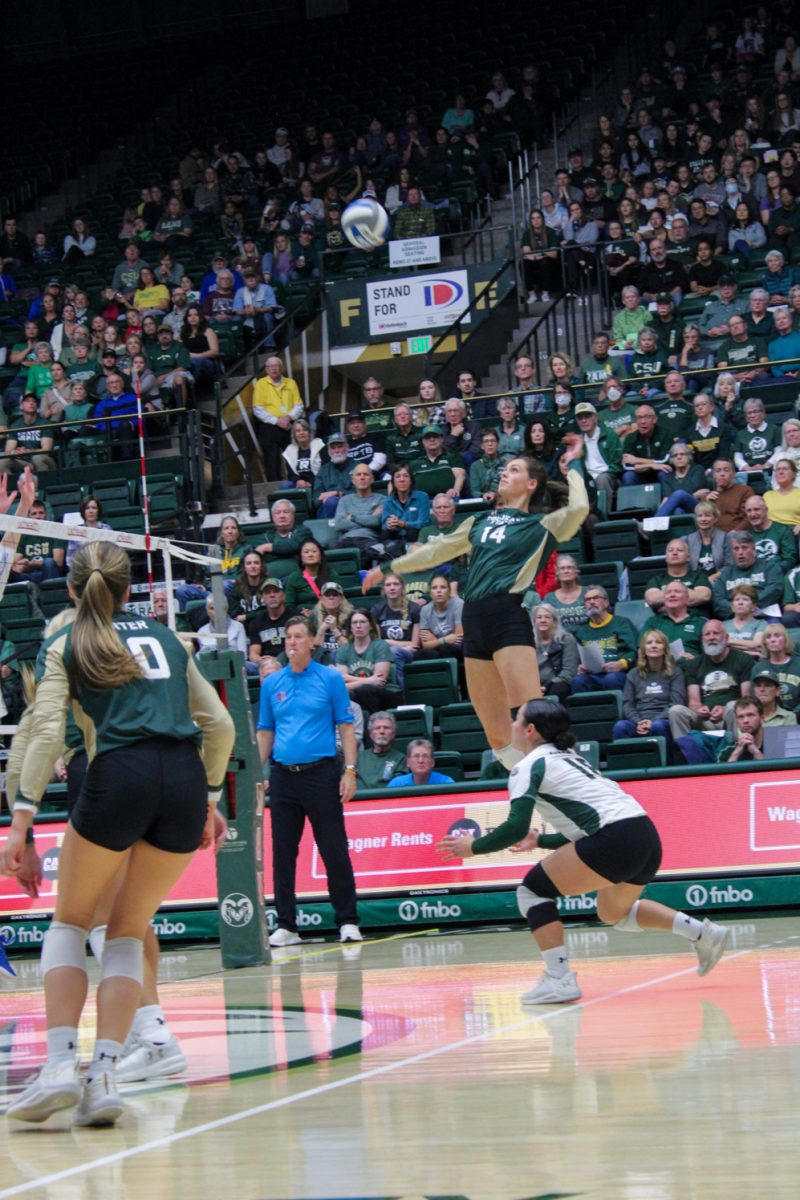 Colorado State senior Alyssa Groves (14) spikes the ball to the US Air Force Academy in her final game with the Rams Nov. 18.