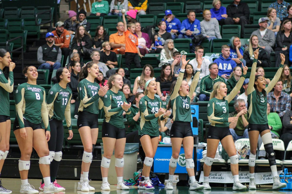 Volleyball players stand next to each other on the side of the court, cheering on their out-of-frame teammates.