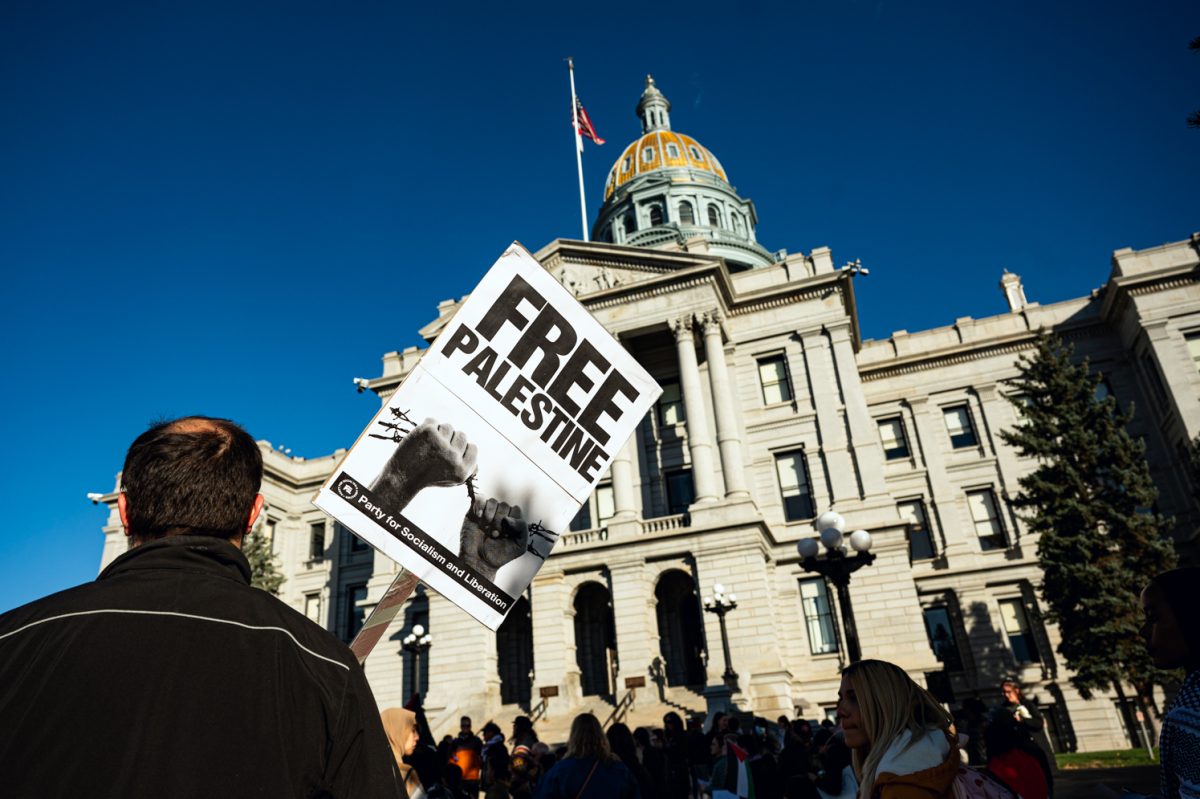 Protesters+gather+outside+the+Colorado+Capitol+building+in+Denver+during+a+Shut+it+Down+for+Palestine+protest+Nov.+9.+Protestors+echoed+chants+like%2C+%E2%80%9CThe+people+united+will+never+be+defeated%2C%E2%80%9D+throughout+the+protest%2C+calling+for+a+ceasefire+in+Gaza.+