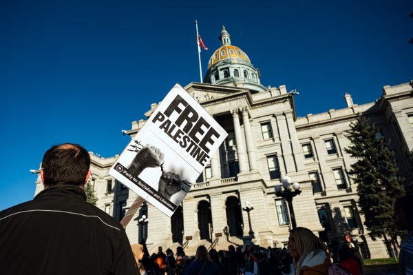 Protesters gather outside the Colorado Capitol building in Denver during a Shut it Down for Palestine protest Nov. 9. Protestors echoed chants like, “The people united will never be defeated,” throughout the protest, calling for a ceasefire in Gaza. 