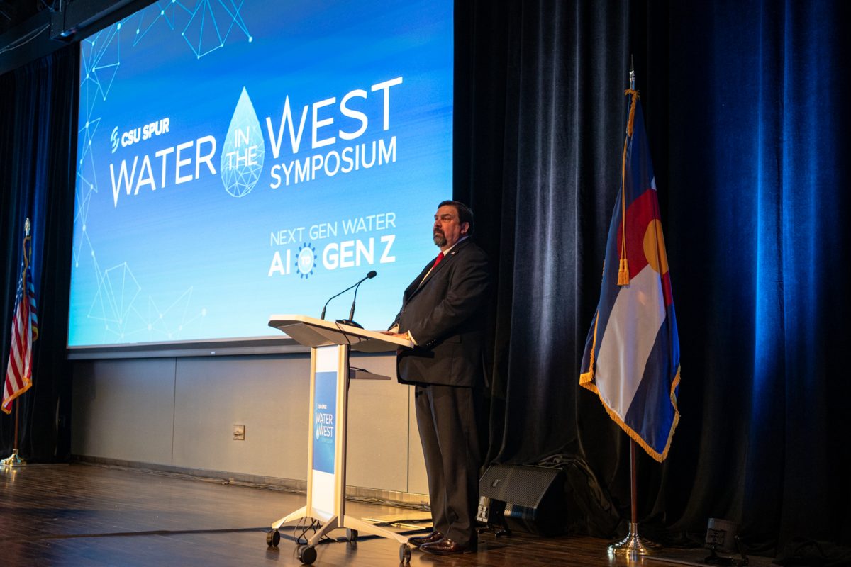 Colorado State University System Chancellor Tony Frank speaks at the sixth annual Colorado State University SPUR Water in the West Symposium Nov. 9.