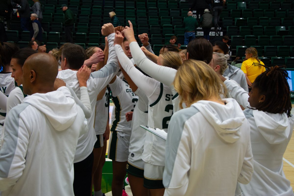 CSU cheers and celebrates after their win against UNH on Nov. 15. (CSU won 67-45)