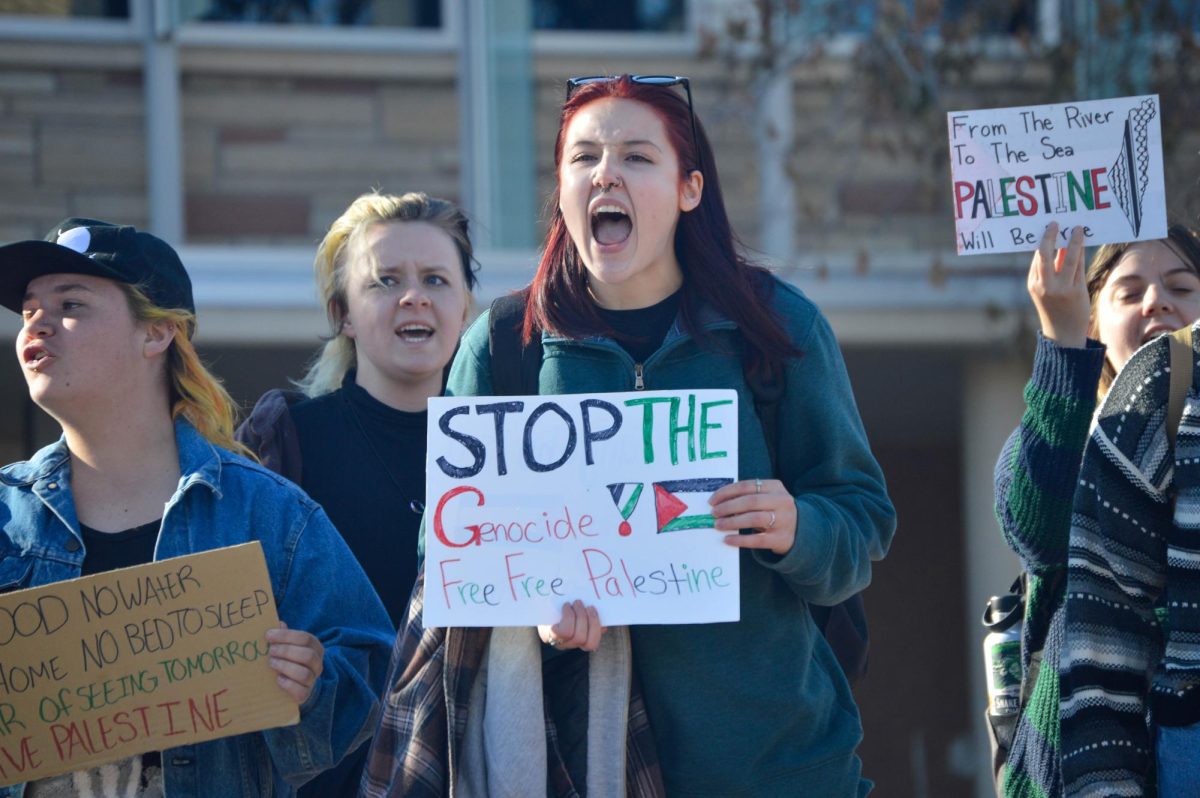 A protester shouts while holding a sign reading, Stop the genocide! Free Free Palestine.