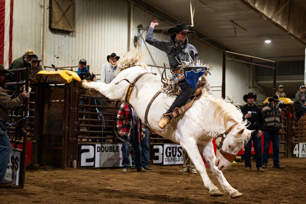 Jimmy Love Jr. rides during X2D Ranch Ministries Broncs riding practice at Double Check Arena in Eaton, Colorado, Nov. 27.