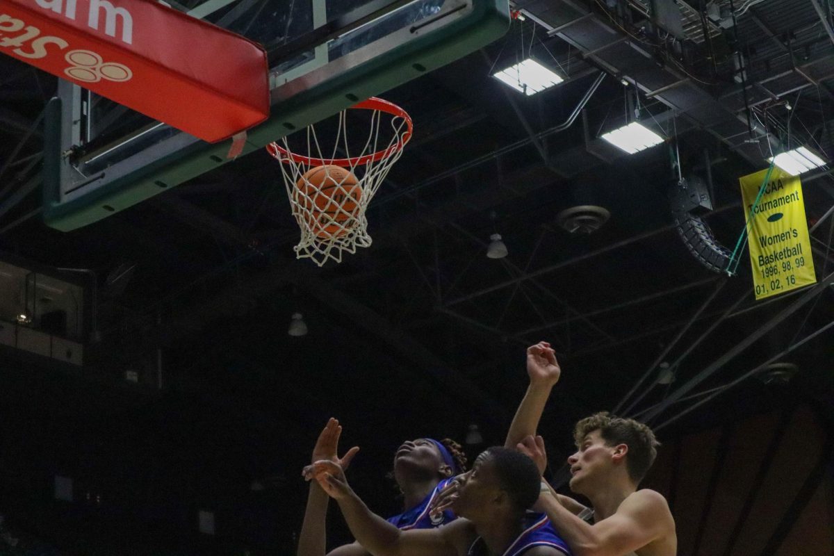 Colorado State University Men's basketball team player and Louisiana Tech players fight for the ball after Colorado State makes a basket at the Men's basketball season opener against Louisiana Tech, CSU won 81-73.