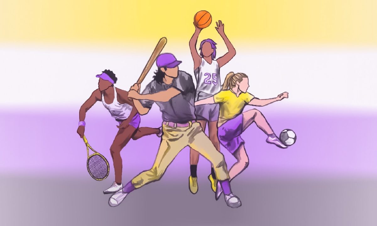 Illustration of a baseball player, basketball player, tennis player and soccer player all behind a yellow, white, purple and grey ombre background.