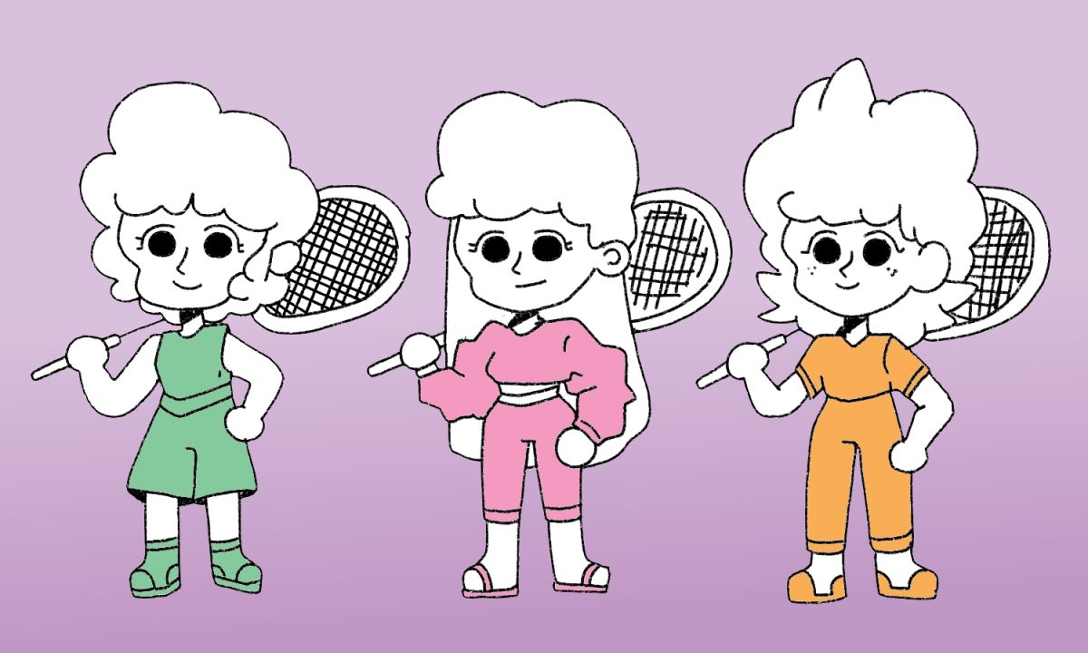 A cartoon of three women tennis players standing next to each other holding their rackets.