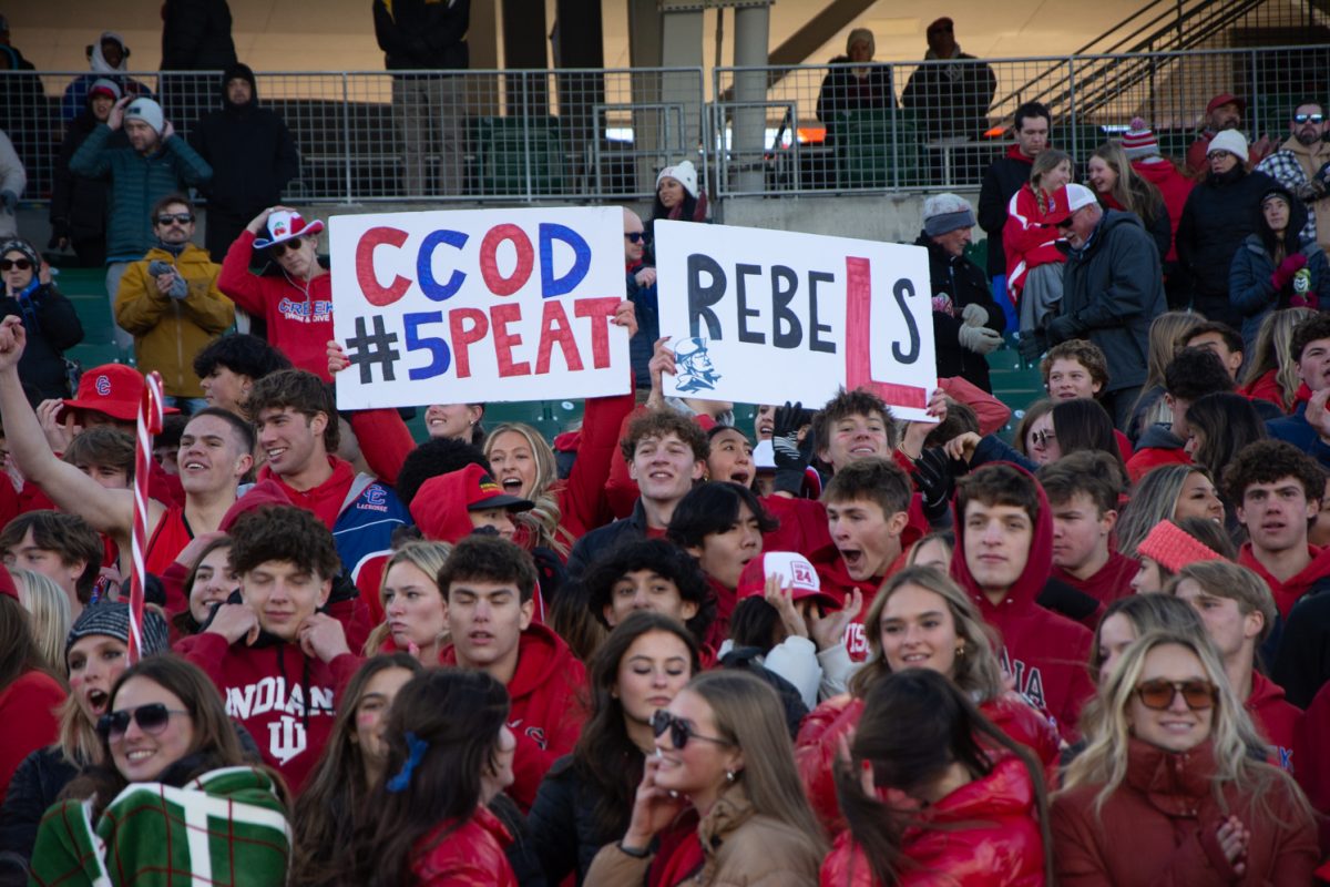 Cherry Creek Student section holds up signs during their State Championship game on Dec. 2, 2023. (Columbine won 28-14)