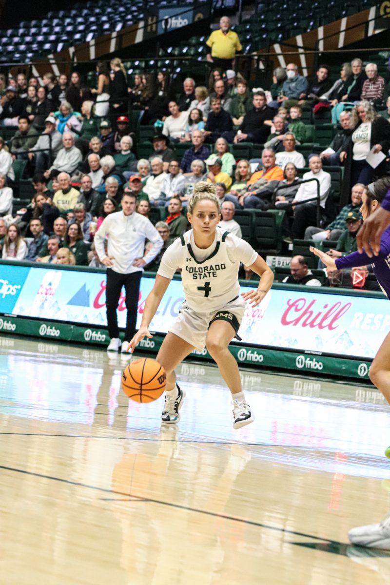 McKenna Hofschild, guard for the Rams, commands the court during the CSU vs. HPU Game December 5. Prior to the game, Hoffschild was honored as CSU Women’s New All Time Assist Leader, presented by Joe Parker. 