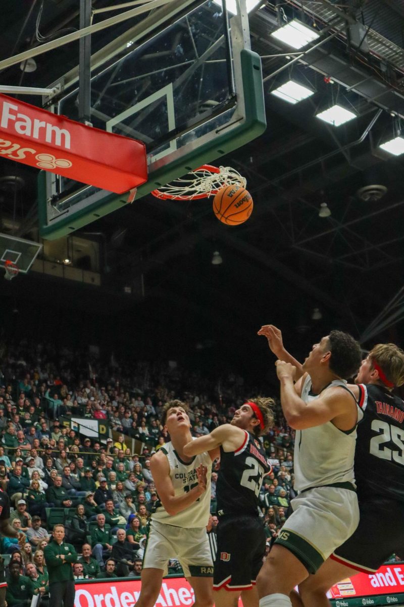 Colorado State University watches the ball go through the hoop, scoring points for CSU at the men's basketball game against Denver University, CSU won, 90-80.