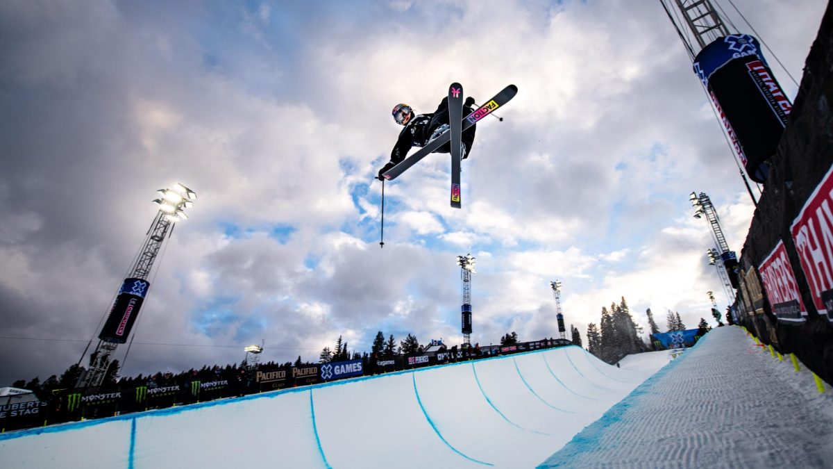 Eileen Gu through the air on the SuperPipe during a practice session at X Games Aspen Jan. 26